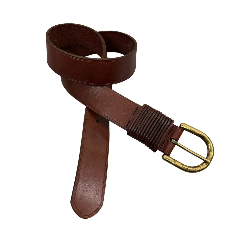 Lauren Ralph Lauren Belt Womens Small Brown Leather Wrapped Detail Brass Buckle